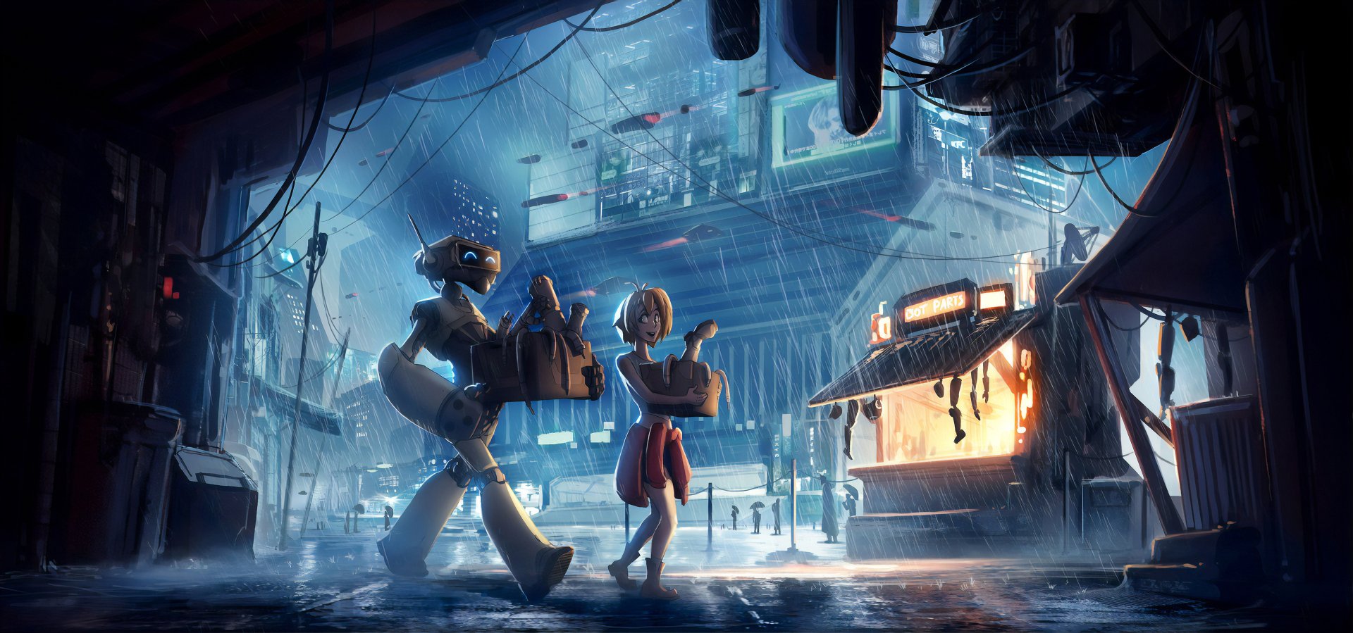 Download Futuristic Rain Night Sci Fi Robot HD Wallpaper by Colin Searle