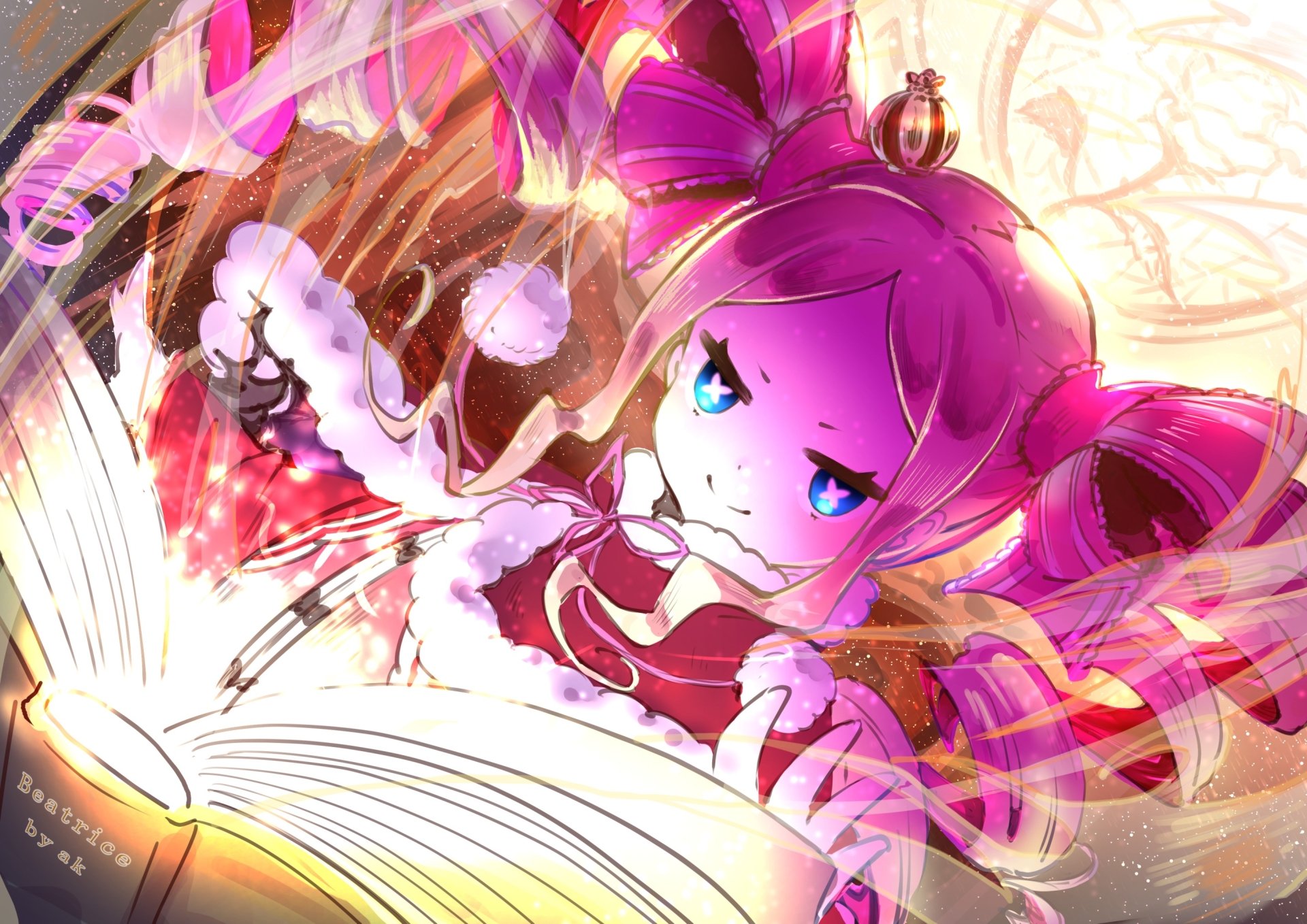 HD PC desktop wallpaper featuring Beatrice from the anime Re:Zero - Starting Life in Another World, showcasing her intense expression and magical ambiance.