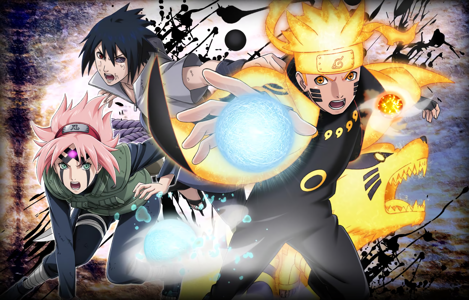 HD PC wallpaper featuring Naruto Uzumaki with Rasengan, Sasuke Uchiha, and Sakura Haruno from the anime Naruto in dynamic action poses.