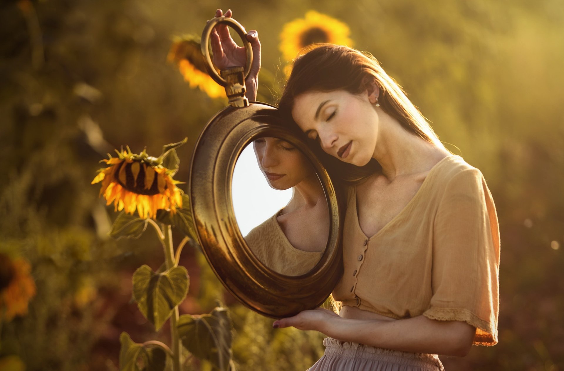 Download Brunette Reflection Model Mirror Sunflower Woman Mood HD Wallpaper