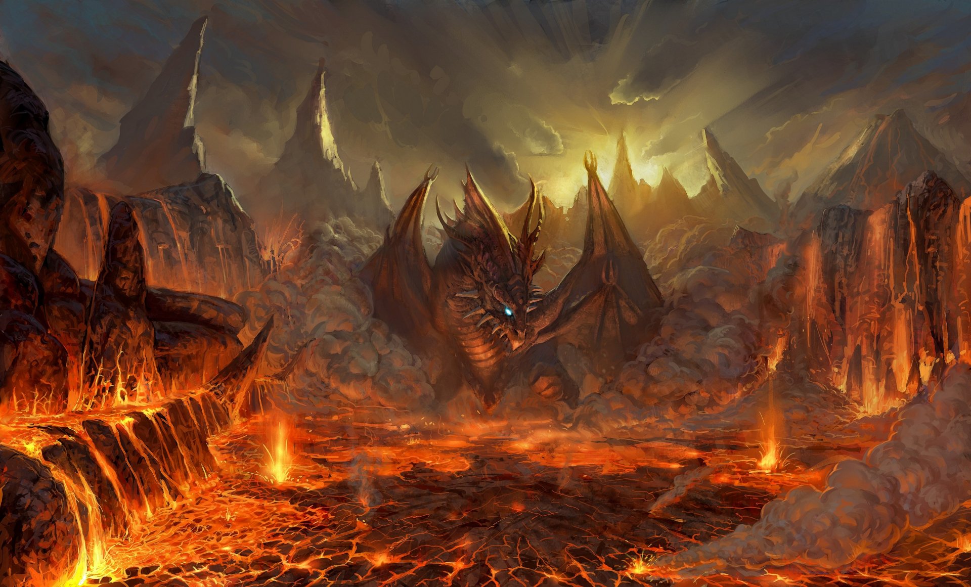 A majestic dragon stands amid a fiery landscape of molten lava and rugged mountains, creating a stunning fantasy scene that serves as an HD desktop wallpaper and background.