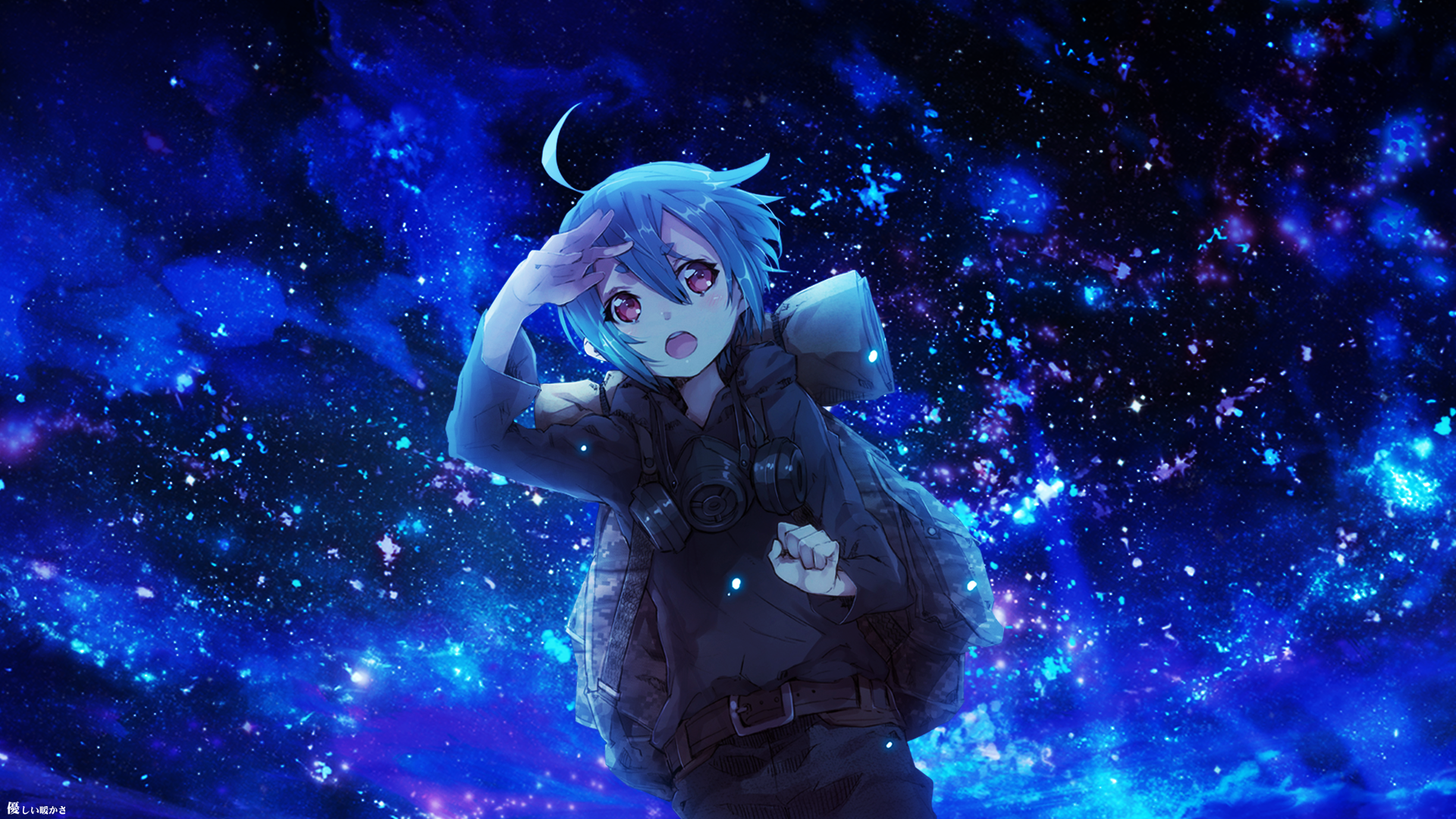 A vibrant anime character with blue hair and red eyes salutes against a captivating night sky filled with stars, serving as an HD desktop wallpaper and background.