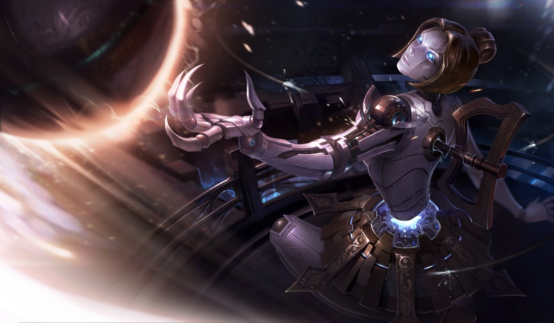 HD desktop wallpaper featuring Orianna from League of Legends, set in a dark, futuristic background with glowing elements.