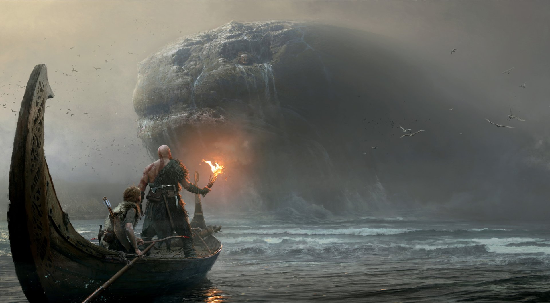 Kratos and Atreus face a colossal sea creature in a moody, atmospheric scene from the God of War (2018) video game, rendered in 4K Ultra HD for PC desktop.