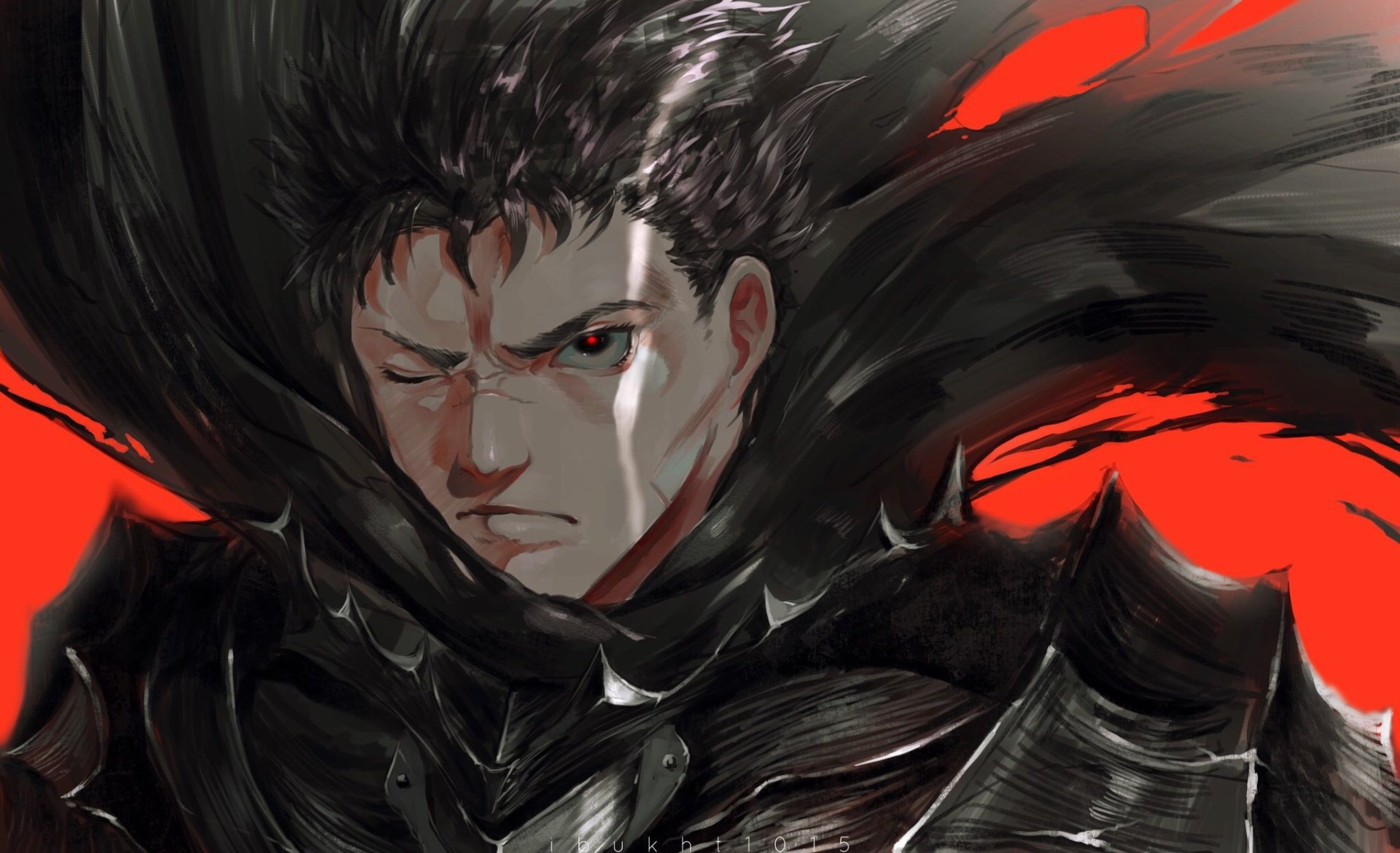 Guts (Berserk) in battered black armor and flowing cloak, glaring against a blood-red background — anime HD PC desktop wallpaper.
