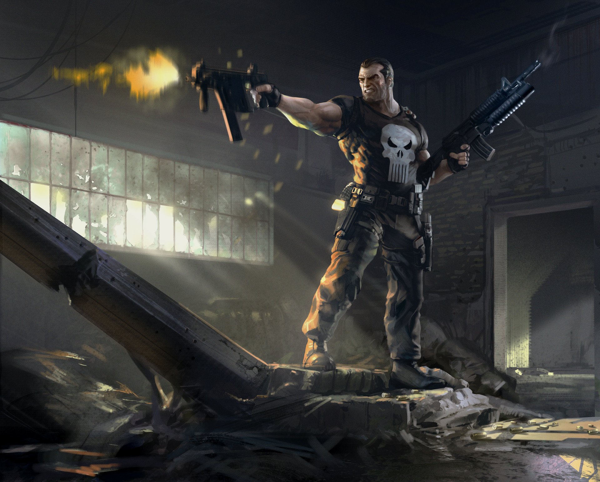 HD PC desktop wallpaper depicting the Punisher from comics, armed and standing confidently in a dark, ruined industrial setting with shafts of light streaming through windows.