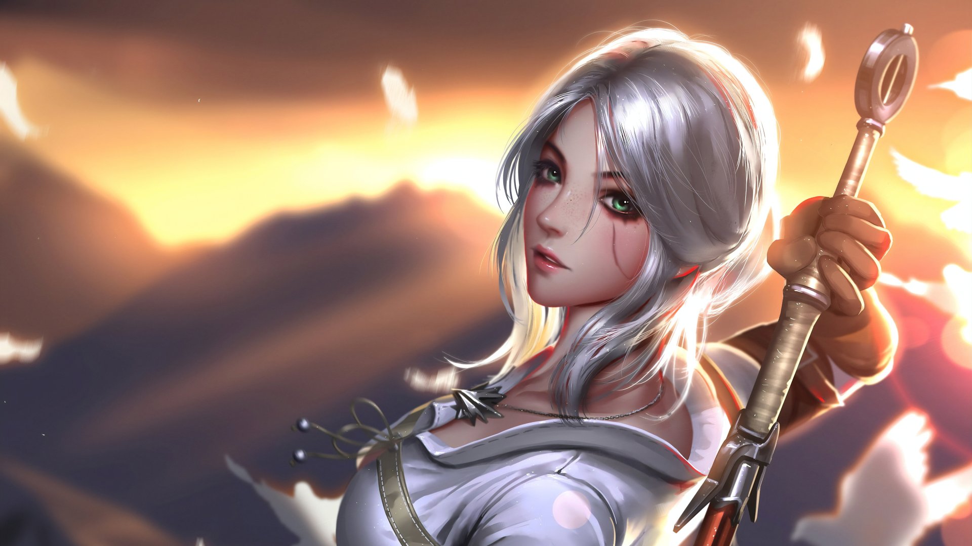 Ciri from The Witcher 3: Wild Hunt with striking green eyes and white hair, portrayed as a fierce woman warrior against a dramatic sunset backdrop in 4K Ultra HD.