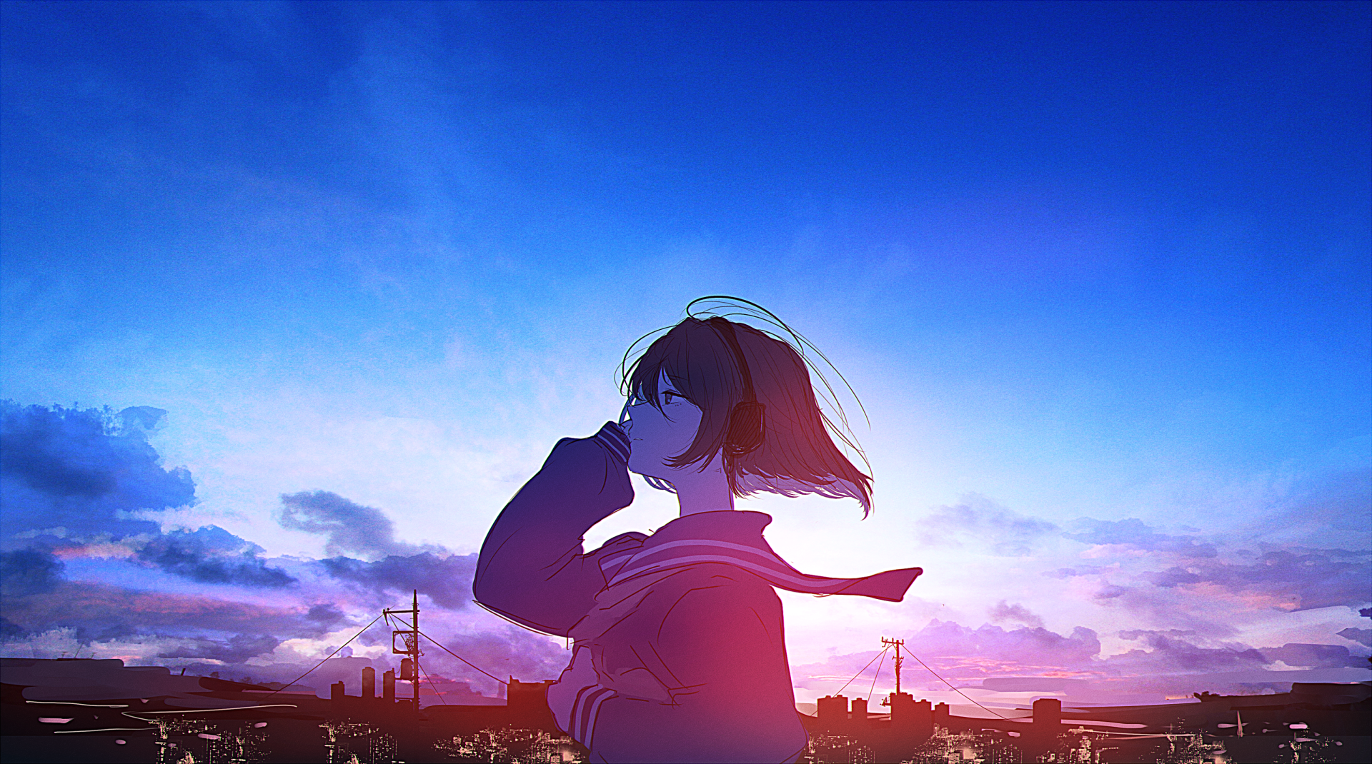HD anime wallpaper features an original artwork of a girl with headphones silhouetted against a vibrant twilight sky, with cityscape elements in the foreground.