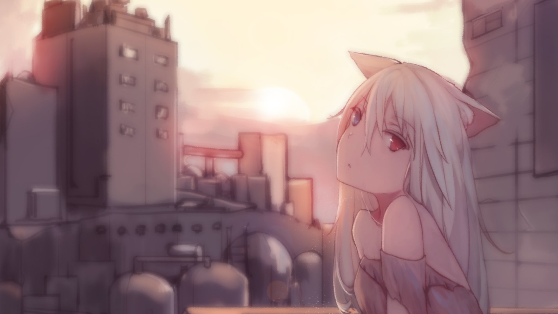 A serene anime scene showcasing a character with heterochromia, set against a cityscape at sunset. An original HD wallpaper that captures a blend of urban beauty and fantasy.