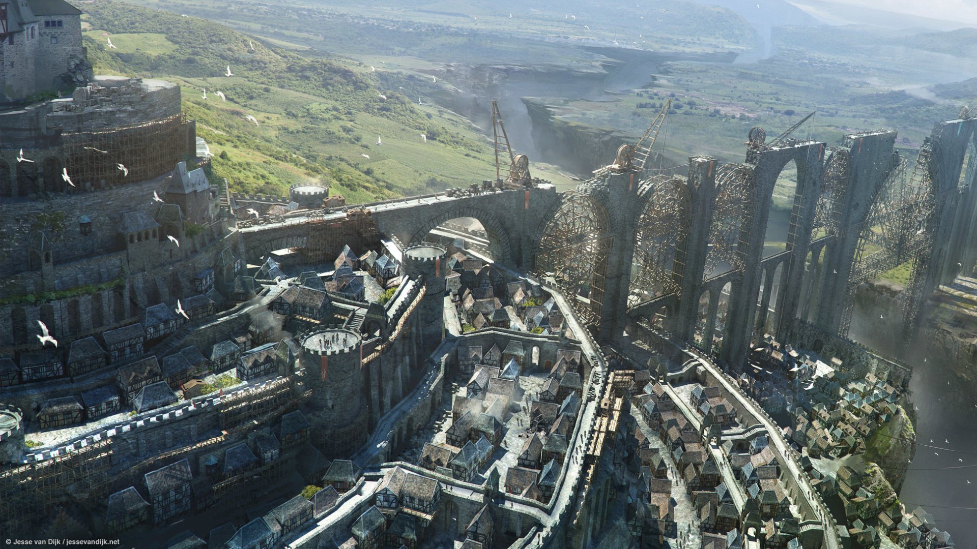 HD desktop wallpaper of a fantasy medieval city with a grandiose bridge under construction. Set against a vast, scenic landscape, the image captures intricate architectural details and expansive city views.