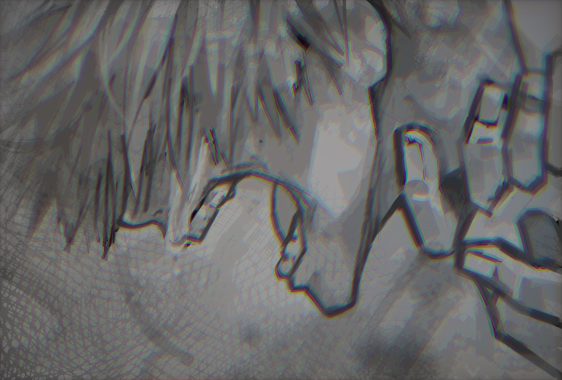 HD PC desktop wallpaper featuring Ken Kaneki from the anime Tokyo Ghoul:re, depicted in a dramatic grayscale close-up with intense emotion.