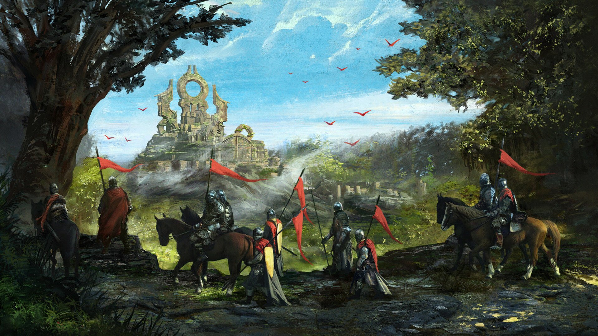 A fantasy HD PC desktop wallpaper featuring knights on horseback gathering with red banners near ancient ruins under a bright sky.