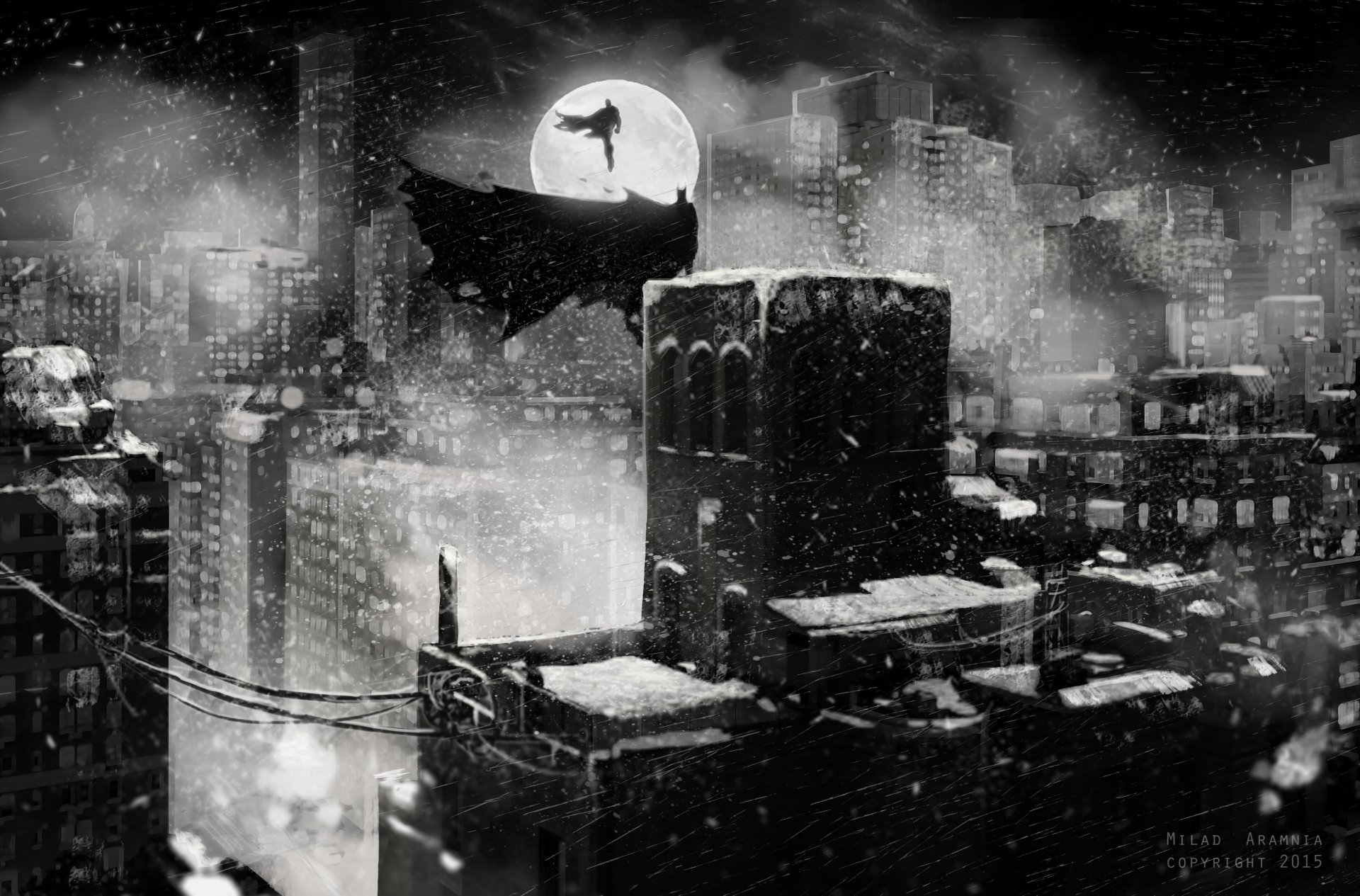 4K Ultra HD wallpaper featuring Batman overlooking a snowy Gotham City at night, inspired by the DC Comics movie Batman V Superman: Dawn of Justice.