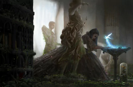 Fantasy fairy HD PC desktop wallpaper/background: mossy gothic hall where a woman in a flowing gown leans over a glowing blue fairy above a stone basin, an angelic winged figure stands behind.