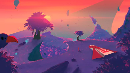 HD desktop wallpaper featuring a sci-fi landscape with a spaceship, unique trees, and a breathtaking sunrise, blending nature and futuristic elements.