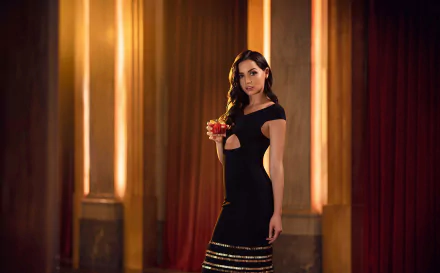 Cuban actress Ana de Armas poses in a black dress, holding a drink, against a warm, elegant background in this HD PC desktop wallpaper.