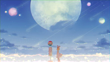 4K Ultra HD anime wallpaper featuring Rin Kagamine from Vocaloid against a dreamy night sky with a large glowing moon and scattered stars.