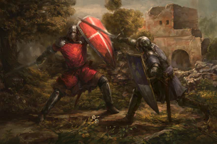 A dynamic fantasy scene featuring two knights in armor engaging in battle. One wields a sword and shield, set against a lush landscape and an ancient structure. HD wallpaper for enthusiasts.