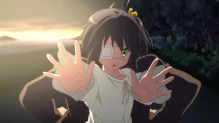 HD PC desktop wallpaper featuring Rikka Takanashi from the anime Love Chunibyo & Other Delusions, depicted with her characteristic eyepatch and extended hands.