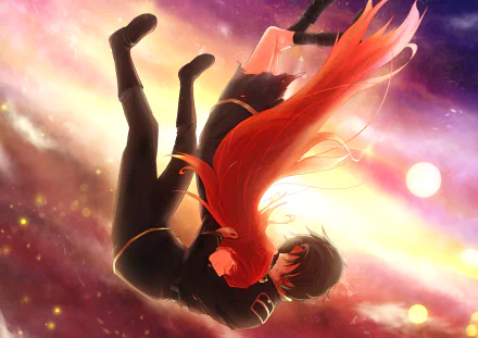 HD PC desktop wallpaper: anime SukaSuka — Chtholly Nota Seniorious and Willem Kmetsch embrace as they float through a glowing, golden-pink sunset sky.