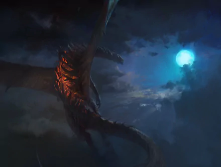 HD PC wallpaper featuring a fantasy dragon soaring through a dark night sky illuminated by a glowing full moon.