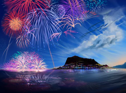 Anime-styled HD desktop wallpaper featuring a vibrant display of fireworks over a scenic island with illuminating city lights, set against a dynamic blue sky.
