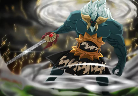 HD PC desktop wallpaper of Ikusa-Tsunagi (Anime, Fairy Tail): horned, armored warrior raising a sword amid swirling storm clouds and crackling lightning.