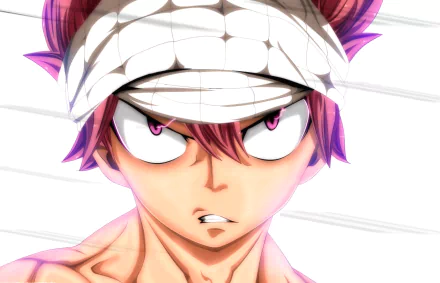 HD PC desktop wallpaper featuring Natsu Dragneel from the anime Fairy Tail with intense eyes and a white headband.