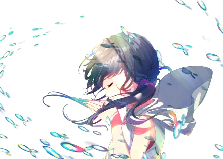 4K Ultra HD anime wallpaper featuring Hina Amano from Weathering with You, surrounded by delicate water droplets and soft lighting effects.