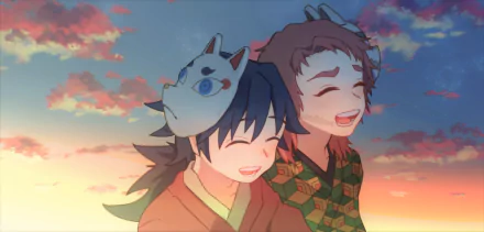 HD PC desktop wallpaper/background of anime characters Giyuu Tomioka and Sabito from Demon Slayer: Kimetsu no Yaiba, smiling together at sunset with Sabito wearing a fox mask.