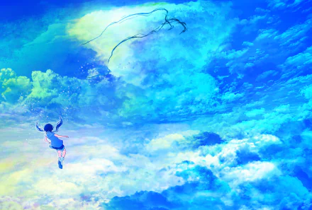 Anime-style 4K Ultra HD desktop wallpaper featuring Hina Amano from Weathering with You soaring through a vibrant, cloud-filled sky.