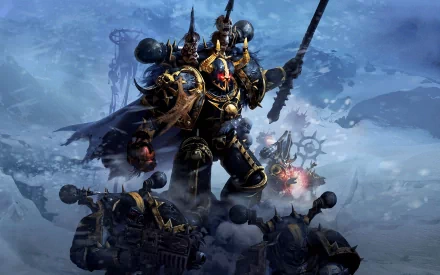 HD desktop wallpaper of a Chaos Space Marine from the Warhammer video game series, depicted in a powerful battle stance amidst a snowy battlefield.