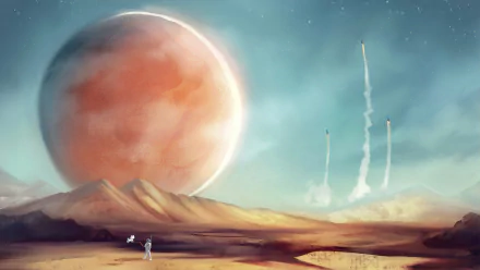 A sci-fi 4K Ultra HD wallpaper featuring a dog astronaut standing on Mars with its red planet and rockets launching in the background.