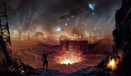 Futuristic cityscape with glowing industrial structures, a sci-fi vehicle hovering above, and a figure overlooking the dramatic scene in this HD PC desktop wallpaper.