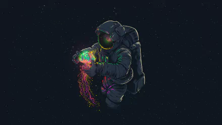 HD wallpaper featuring an astronaut in space holding a vibrant, glowing jellyfish against a dark, starry background, blending science fiction and surrealism.