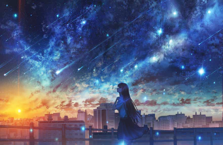 A stunning anime HD wallpaper of a long-haired girl in a school uniform standing against a city backdrop at sunset, with a starry sky filled with shooting stars above.