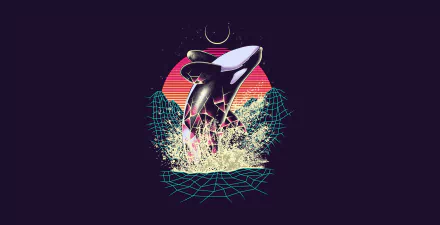 HD desktop wallpaper featuring a minimalist retro wave orca leaping from the waves against a vibrant sunset and a crescent moon. The artistic design presents a striking blend of colors and geometric patterns.