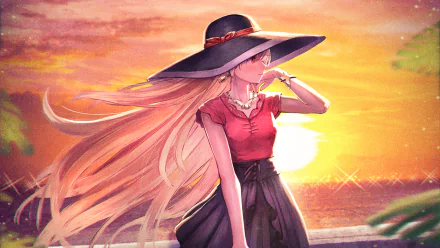 Ereshkigal (Fate/Grand Order) hat sunset dress red eyes long hair blonde Anime Fate/Grand Order anime sunset HD Desktop Wallpaper | Background Image