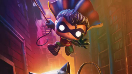 4K Ultra HD wallpaper featuring a dynamic Funko POP! Robin from Funkoverse Strategy Game: DC Comics 101, set against a vibrant urban backdrop.