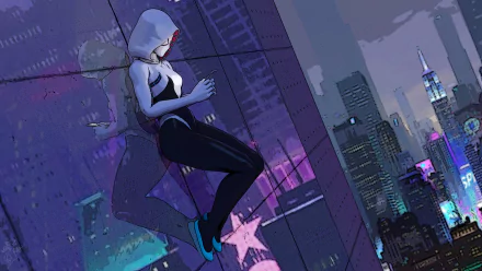 Spider-Gwen in her iconic costume perched against a building wall overlooking a cityscape at dusk, rendered in vibrant comic-style 4K Ultra HD detail.