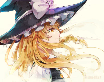 Marisa Kirisame (Touhou) anime PC desktop wallpaper — 2K Quad HD background showing her side profile in a witch hat, braided blonde hair and wind‑swept ribbons, warm golden tones.