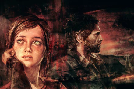 HD PC desktop wallpaper featuring Ellie and Joel from the video game The Last of Us, capturing a dramatic and intense atmosphere.