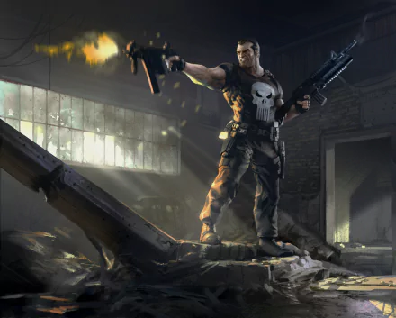 HD PC desktop wallpaper depicting the Punisher from comics, armed and standing confidently in a dark, ruined industrial setting with shafts of light streaming through windows.