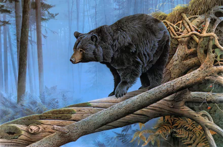 2K Quad HD PC desktop wallpaper painting of a black bear crossing mossy logs in a misty forest — animal-themed nature background.