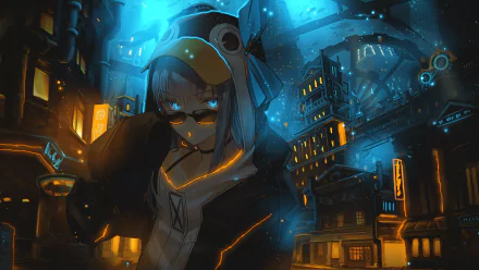 HD desktop wallpaper features Meltlilith from Fate/Grand Order in an Anime style. The backdrop showcases a vividly illuminated cityscape at night.