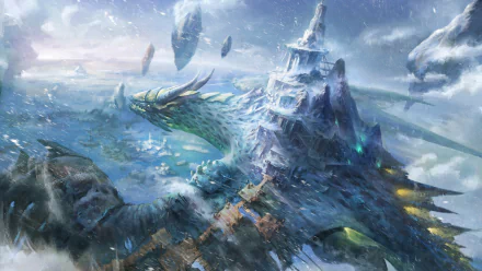 HD desktop wallpaper featuring a majestic snow-covered dragon intertwined with a fantastical icy fortress, set in a dreamy and expansive landscape.