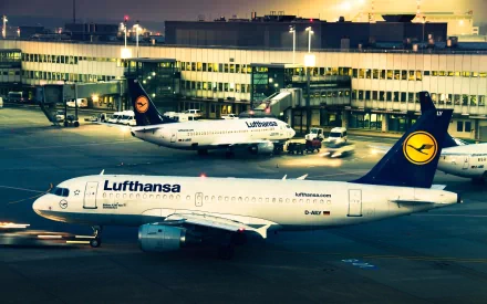 Dusk scene at Düsseldorf airport featuring a Lufthansa Boeing 737 commercial airplane parked near the terminal, captured in HD for a desktop wallpaper background.