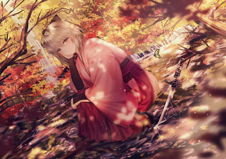 HD desktop wallpaper featuring the anime character Okita Sōji, also known as Sakura Saber from Fate/Grand Order, kneeling in a serene autumn forest with vibrant fall leaves and a sword beside her.
