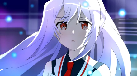 HD PC desktop wallpaper featuring Isla from the anime Plastic Memories, showcasing her white hair and red eyes against a blurred, glowing background.