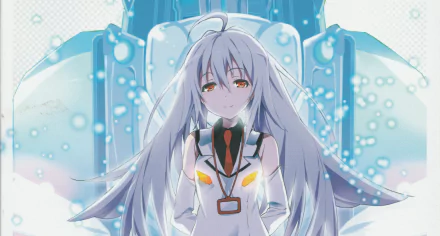 HD PC desktop wallpaper featuring Isla from the anime Plastic Memories, with a serene expression and soft blue tones in the background.